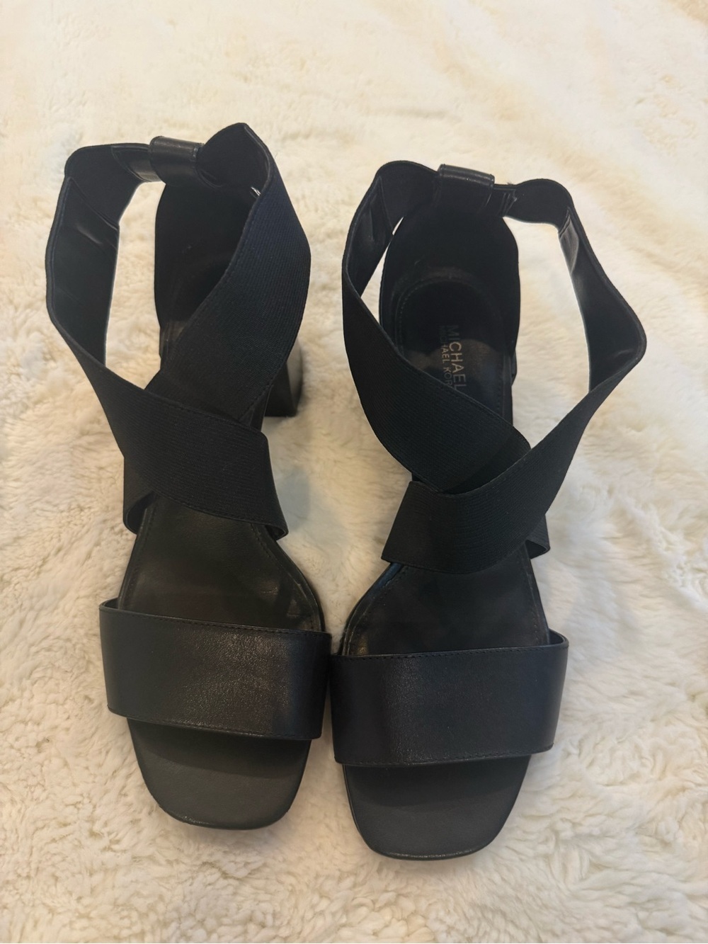 MICHAEL MICHAEL KORS BLACK RAVEN LEATHER CROSSOVER BLOCK HEEL SANDALS SIZE 8M